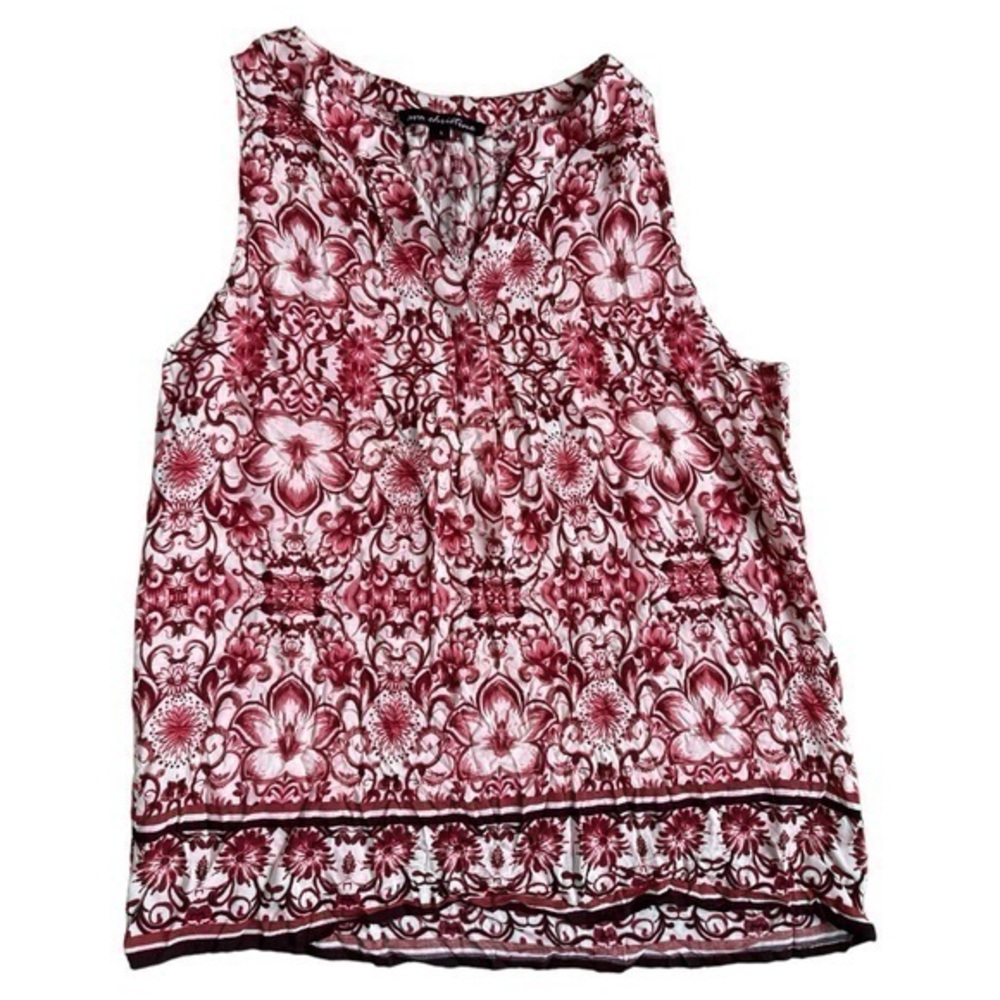 Ava Christine, size Large,  sleeveless blouse, pink red , cream, v-neck